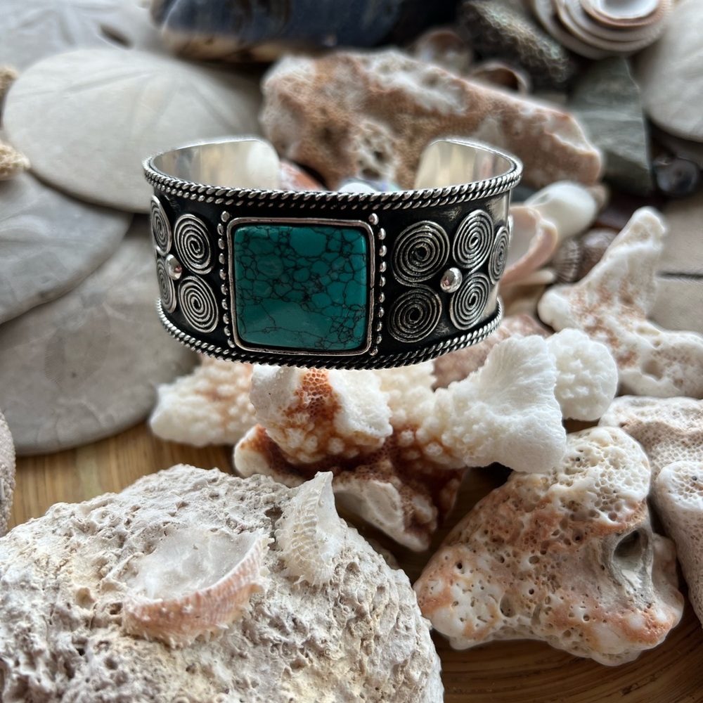 New Faux Turquoise Stone Silver Toned  Brass cuff bracelet womens boho western - Picture 5 of 5